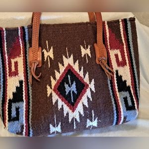 Wool and leather Southwestern pattern large shoulder bag